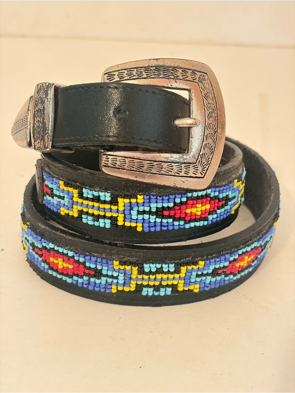 Vintage Black Leather Western Belt Colorful Seed Bead Detail & Ornate Buckle